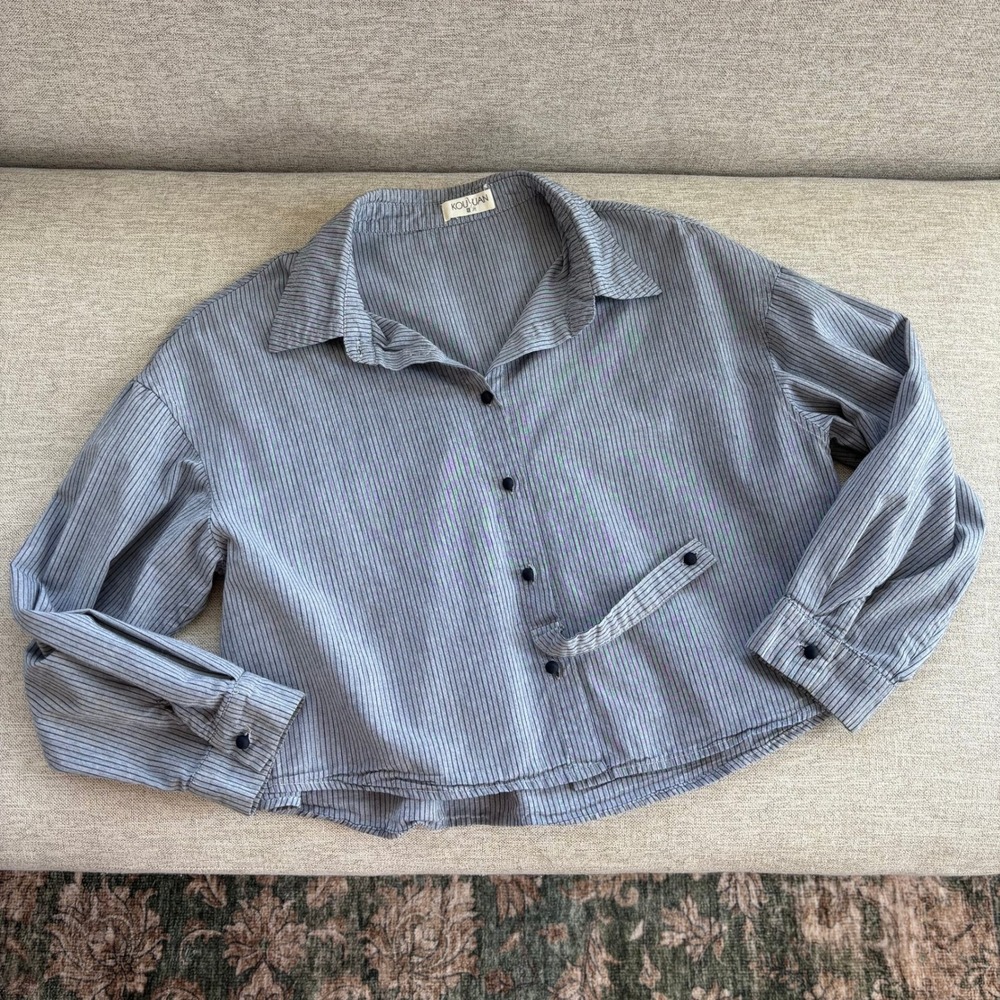 Kou Yuan Striped Button Down Shirt M Blue Pinstripe Cropped Academia Preppy Fall